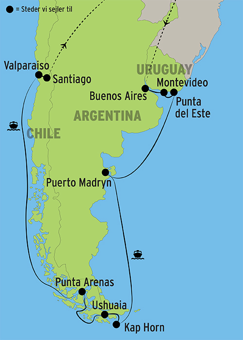 Kort over rundrejsen i Sydamerika